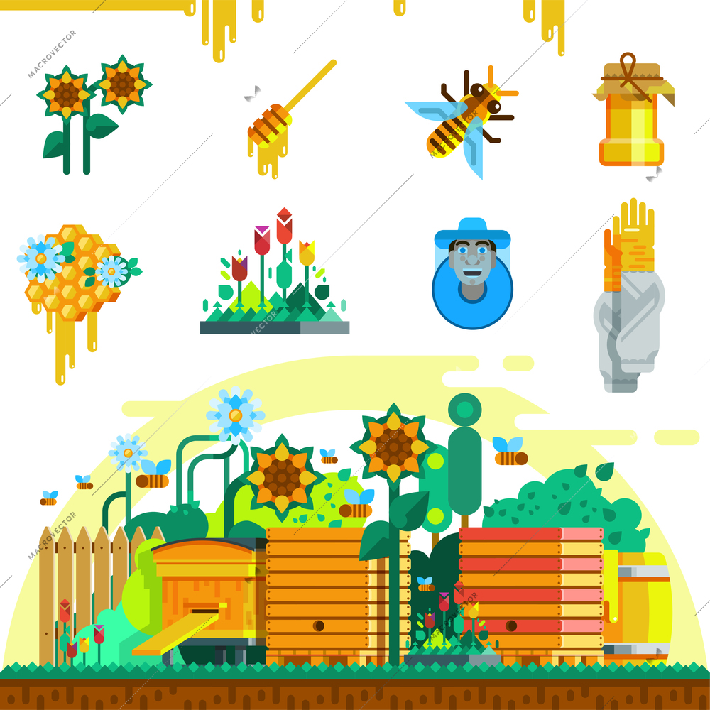 Apiary icons set with bee honey beekeeper honeycomb hive pail and garden in flat style vector illustration