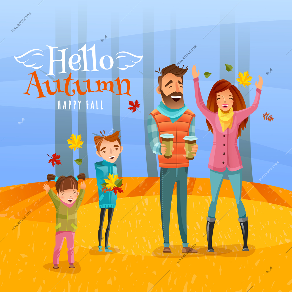 Happy family with children walking in autumn season forest and gathering dry leaves cartoon vector illustration