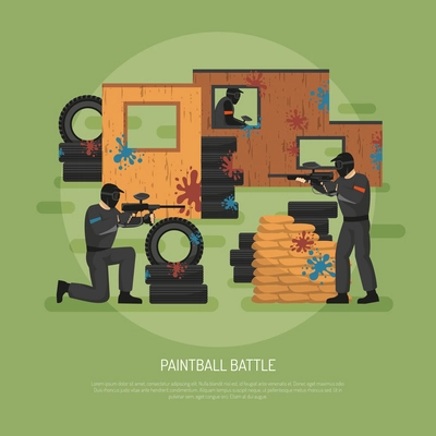 Flat design paintball field battle and three players on green background vector illustration