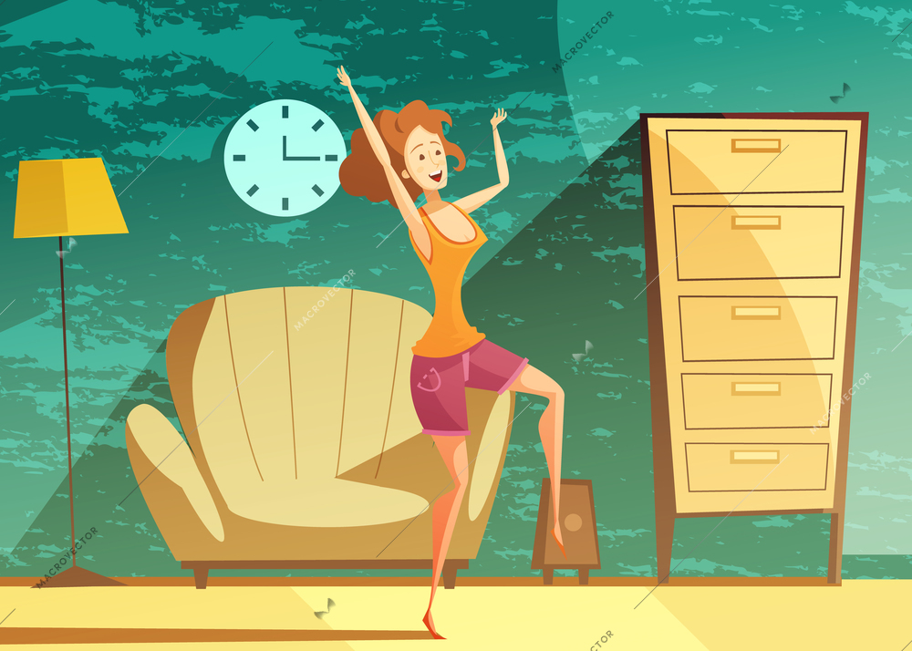 Young girl dancing alone at home late in the evening with beautiful emerald green background vector illustration