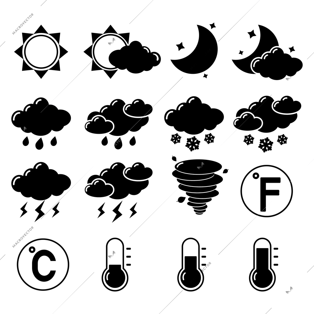 Weather forecast symbols black pictograms set of hot cold temperature isolated vector illustration