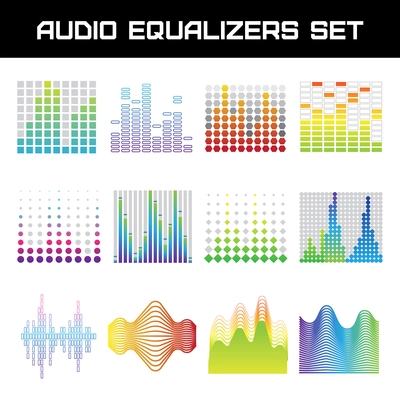 Bright audio equalizer set with sound waves symbols flat isolated vector illustration