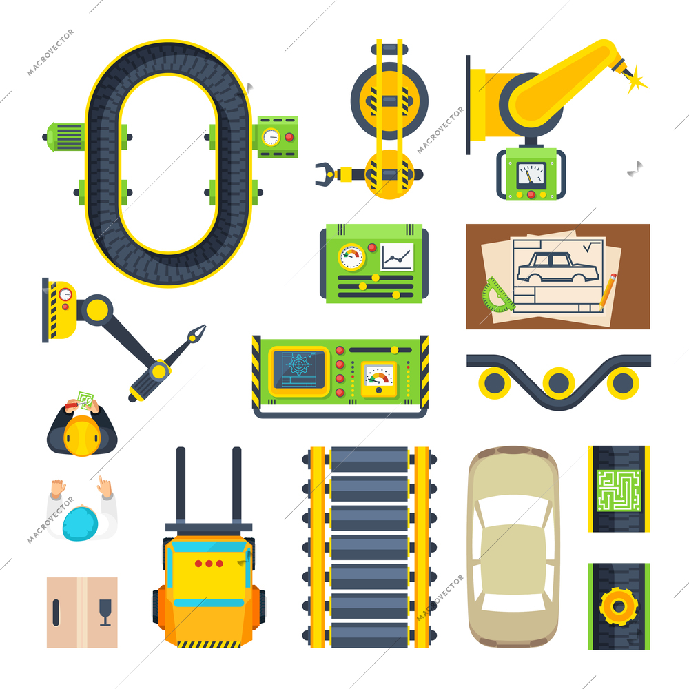 Flat icon set of car production line elements from conveyor engines to spare parts isolated vector illustration