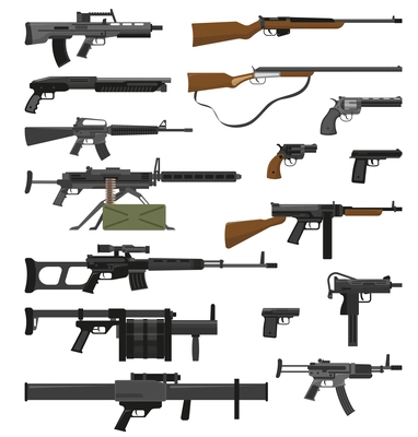 Big flat set of various weapons guns pistols and rifles isolated on white background vector illustration