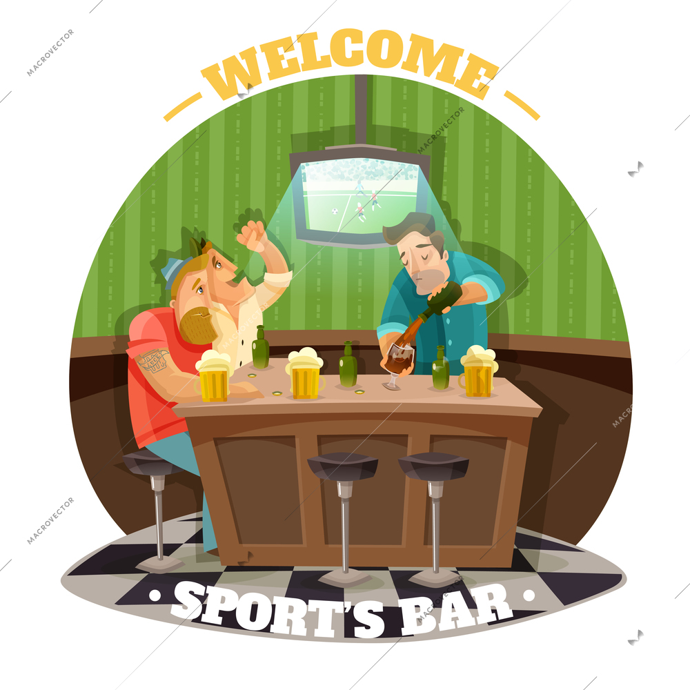 Soccer pub flat vector illustration with group of cheerleaders watching soccer match on tv and drinking beer