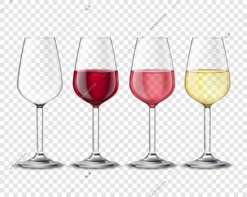 Classic wineglass alcohol drink glasses set with red white and rose wine realistic transparent poster vector illustration