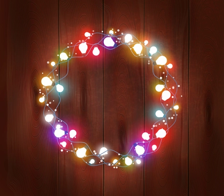 Christmas light garland poster with glowing  and shining bulbs on wooden background isolated vector illustration