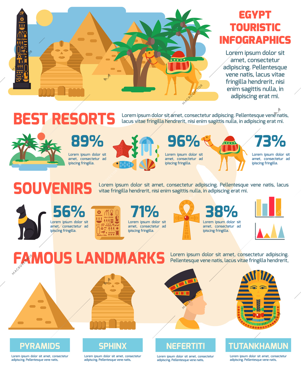 Egypt infographic set with landmarks and resorts symbols flat vector illustration