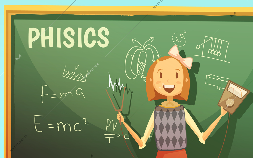 Physics lessons for elementary primary school kids with schoolgirl by blackboard with formulas cartoon poster vector illustration