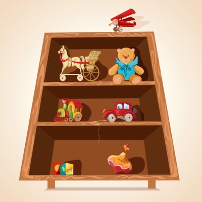 Vintage children toys collection with horse teddy bear airplane car on wooden shelves print vector illustration