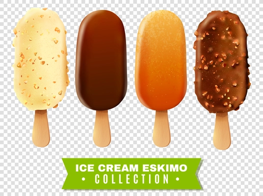 Ice cream collection of eskimo pie with white dark and milc varieties of chocolate glaze at transparent background realistic vector illustration