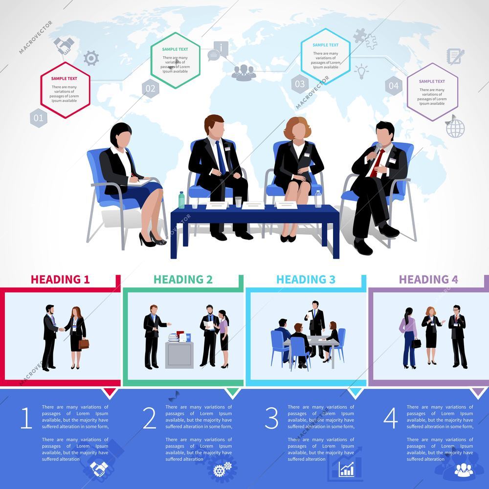 Meeting people infographics set with collaboration briefing analysis brainstorming consultation in flat style vector illustration