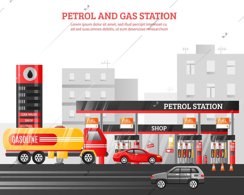 Gas and petrol station flat vector Illustration with car wash shop fueling advertising elements at city buildings background