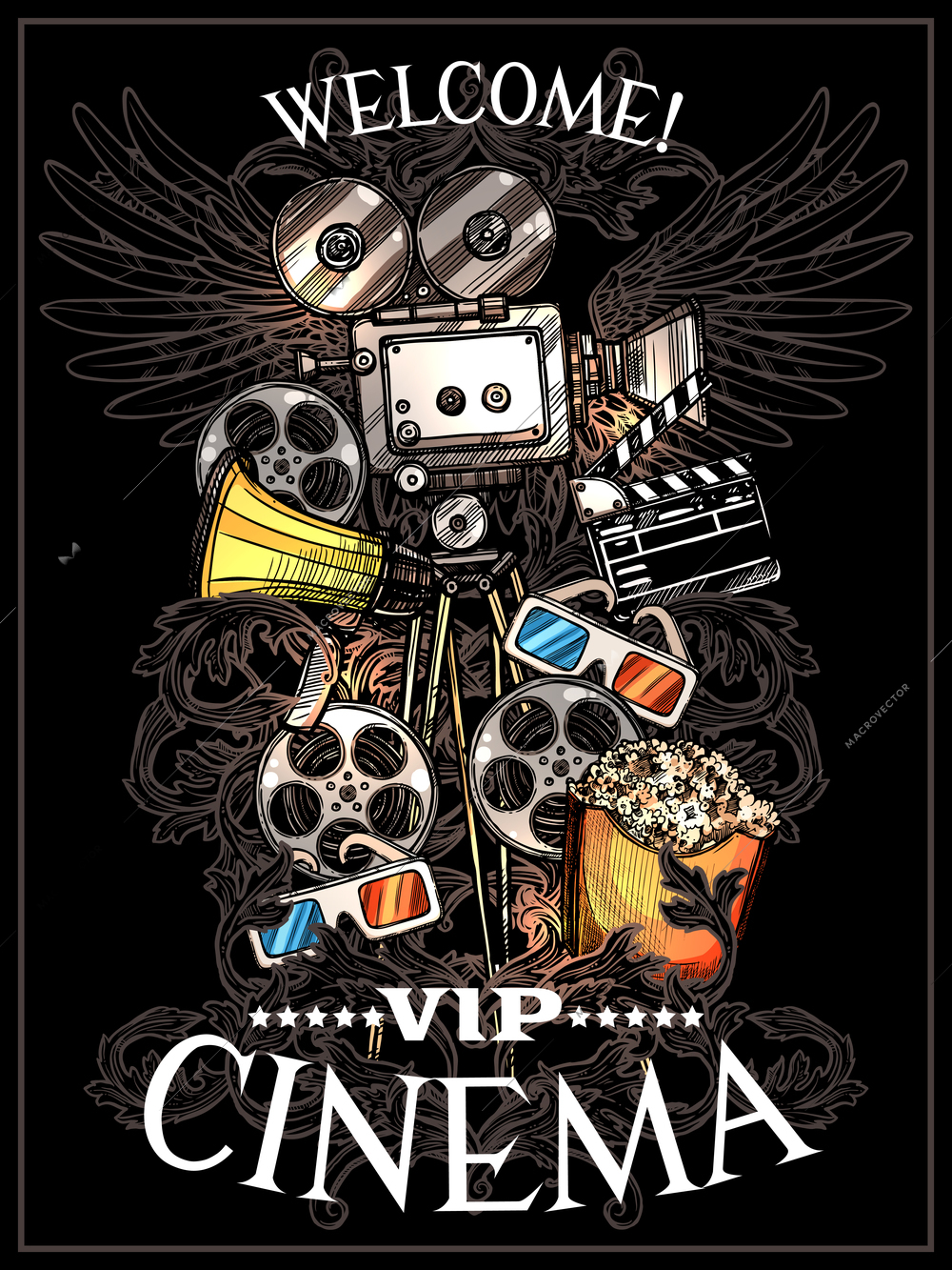 Doodle Cinema Poster with camera reels snack clapperboard megaphone and 3d glasses on black background vector illustration