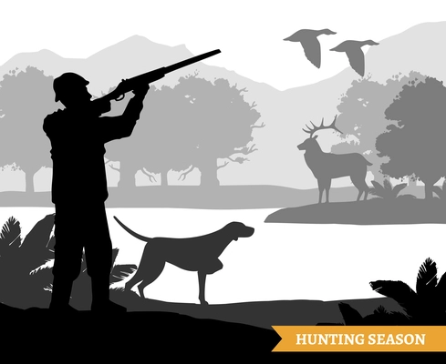 Hunter silhouette shooting flying birds and deer during hunting season monochrome flat vector illustration