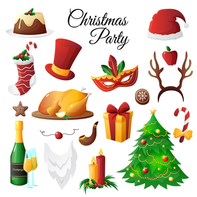 Colorful christmas and new year symbols party set isolated on white background flat vector illustration