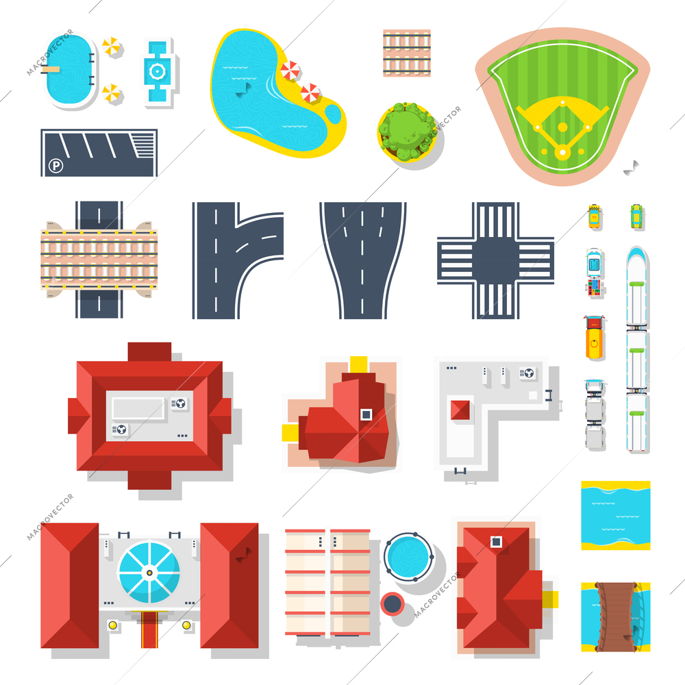 Top view set of houses pools vehicles road junctions and other city elements isolated vector illustration