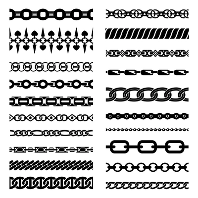 Black horizontal chains collection with links of different shapes and connections isolated vector illustration