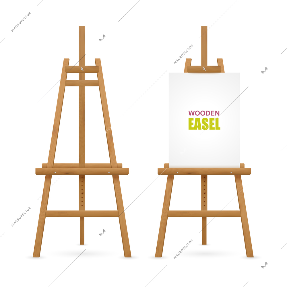 Wooden artist easel set with and without canvas isolated on white background vector illustration