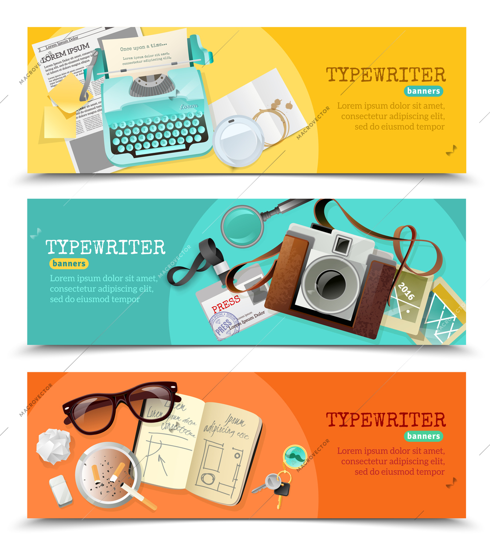 Three horizontal flat banners with vintage journalist typewriter and other tools for work isolated vector illustration