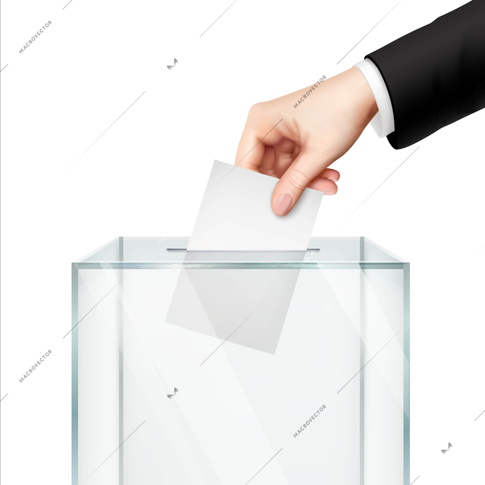 Realistic voting concept with hand putting vote paper in the ballot box isolated vector illustration