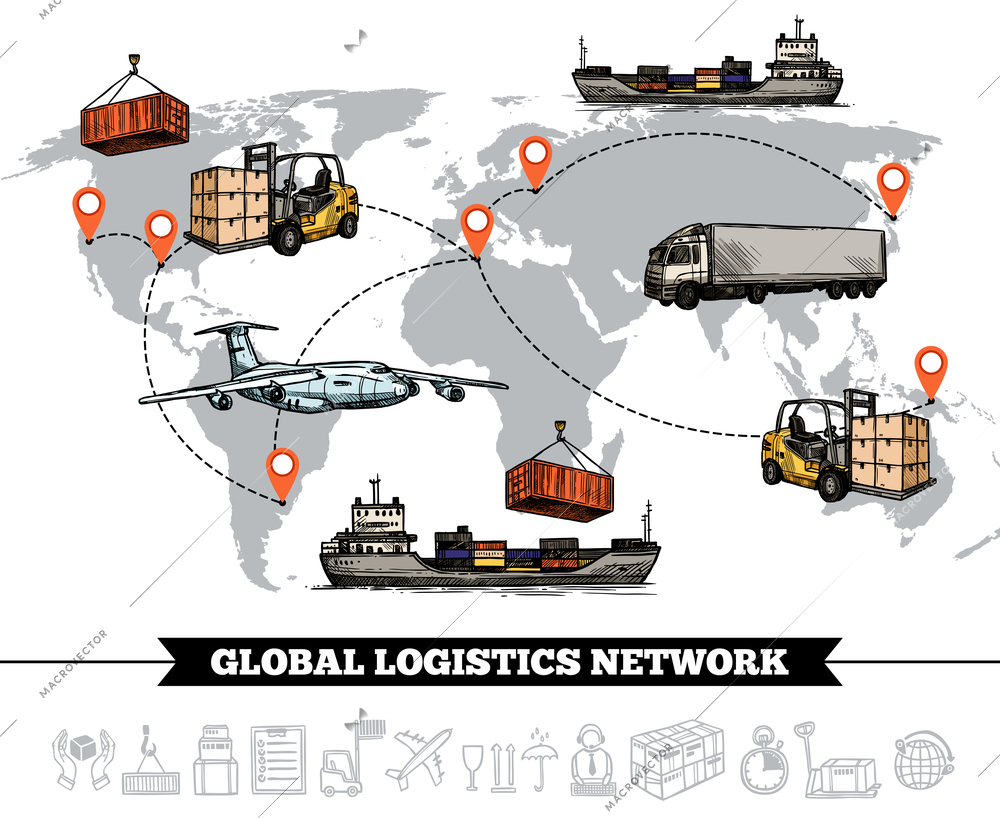 World logistic network template with various types of transportation world map and icons vector illustration