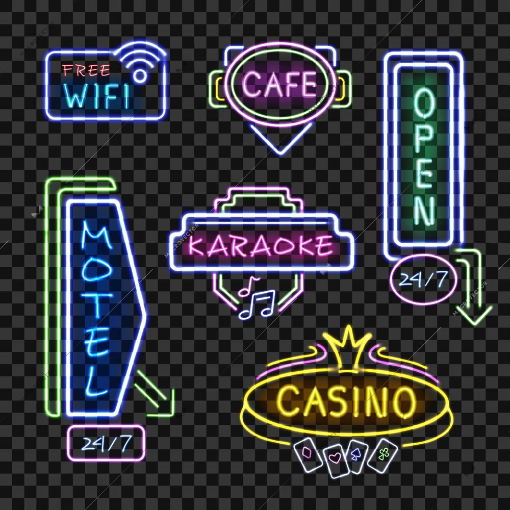 Neon motel internet cafe open signboards at night realistic icons collection transparent background isolated vector illustration