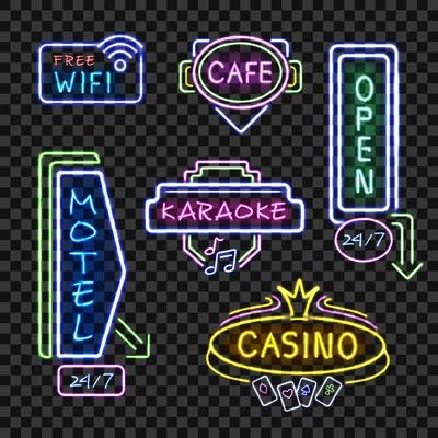 Neon motel internet cafe open signboards at night realistic icons collection transparent background isolated vector illustration