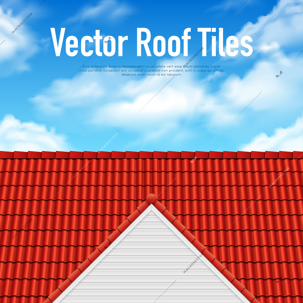 House roof tile poster with red covering and blue cloudy sky vector illustration