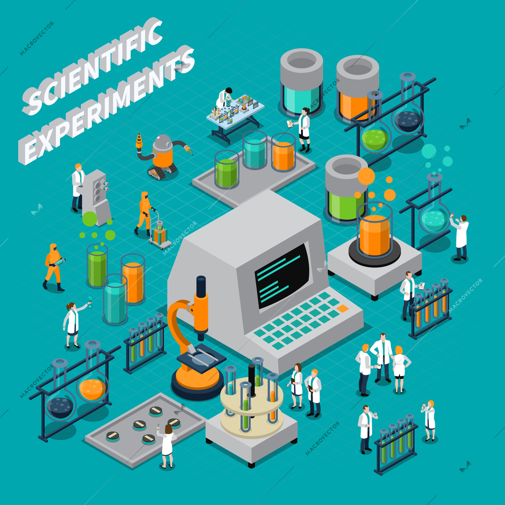 Scientific experiments isometric composition with people and technology symbols vector illustration