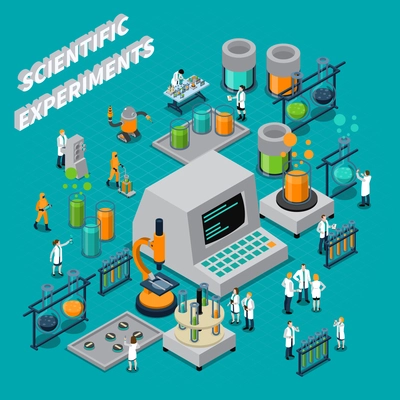 Scientific experiments isometric composition with people and technology symbols vector illustration