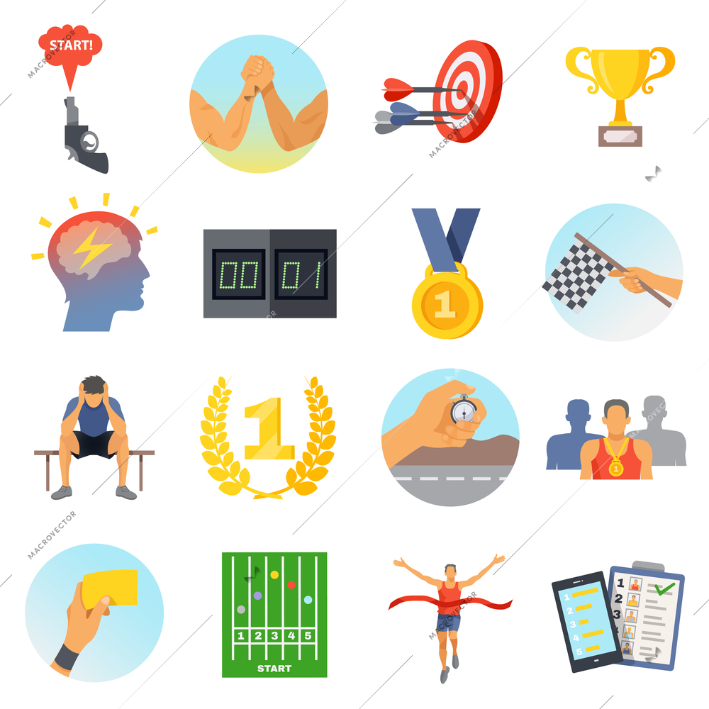 Competition icons set of sports rewards prizes athletes and accessories in flat style isolated vector illustration