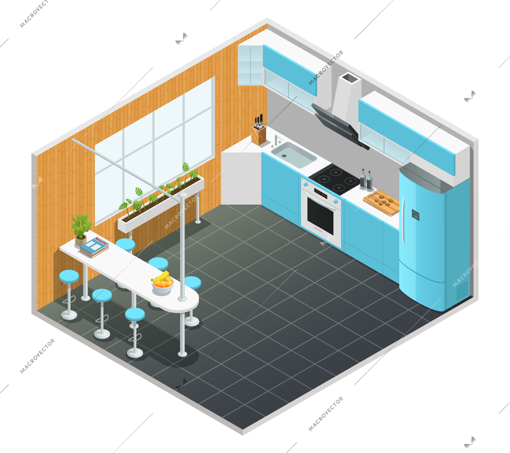 Color isometric design of kitchen interior with tall table and appliances vector illustration