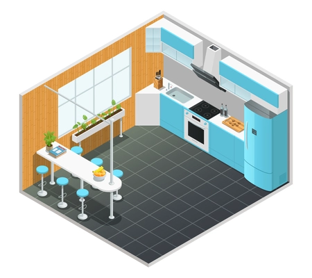 Color isometric design of kitchen interior with tall table and appliances vector illustration