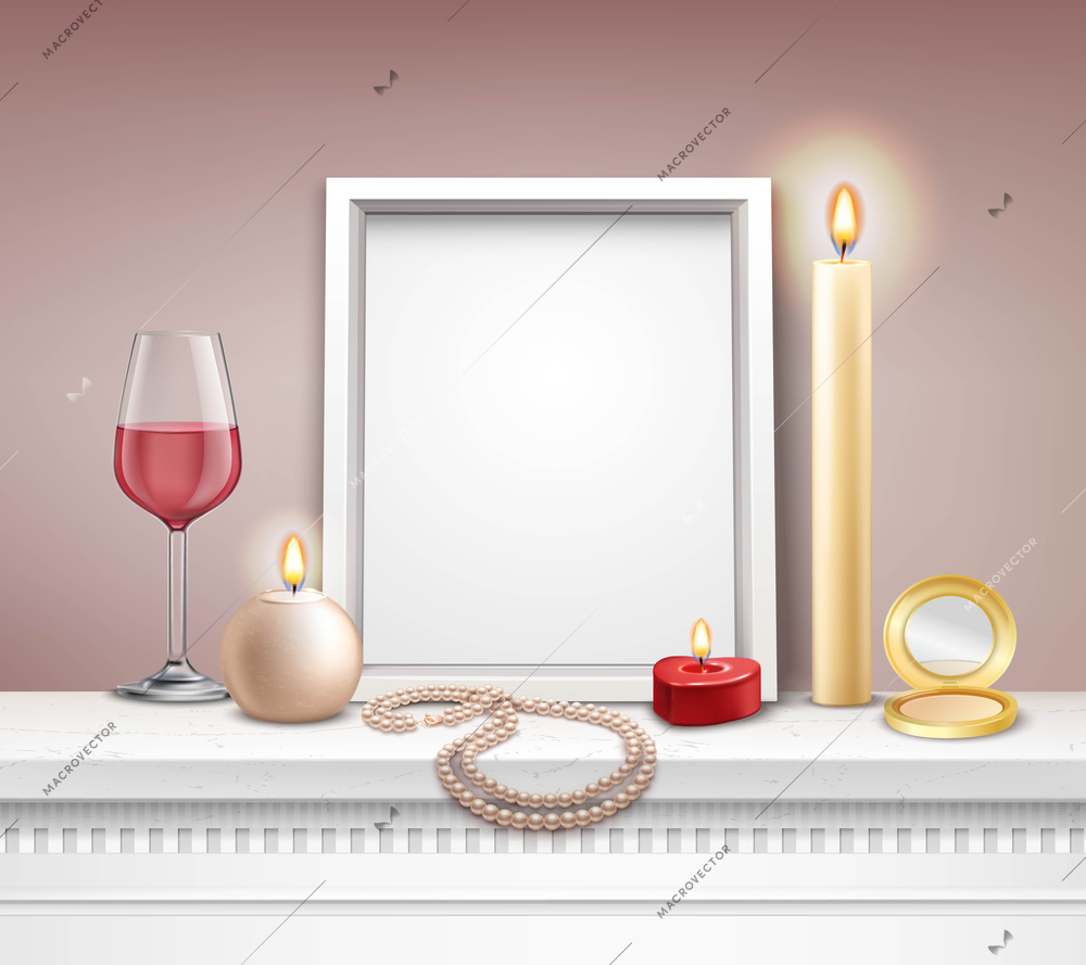 Realistic frame mockup with candles mirror necklace and glass of wine vector illustration