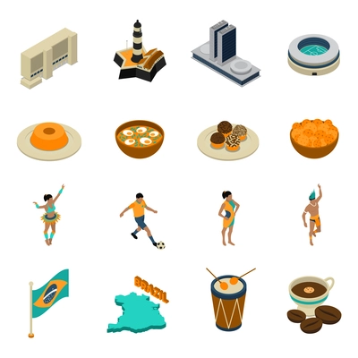 Brazil isometric touristic icons set with football and dancing symbols isolated vector illustration