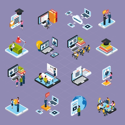 Webinar podcasting isometric icons set with laptop and people isolated vector illustration
