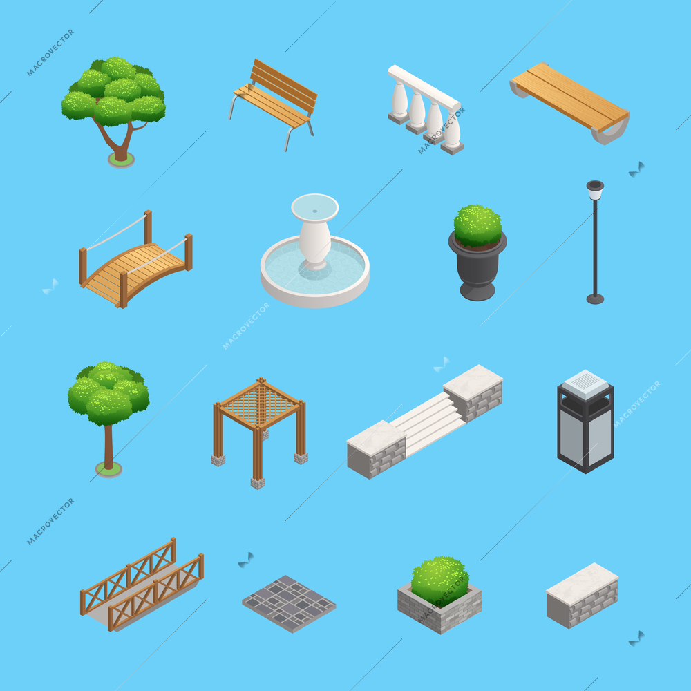 Landscaping isometric elements for garden and park design with plants trees and objects isolated on blue background vector illustration