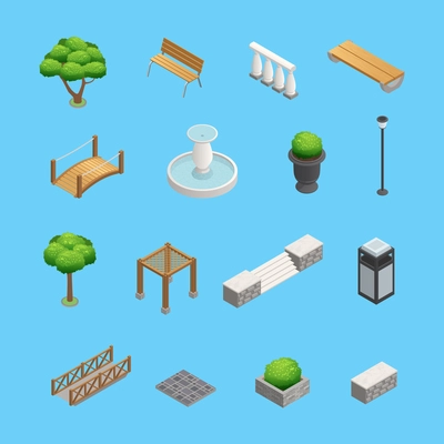 Landscaping isometric elements for garden and park design with plants trees and objects isolated on blue background vector illustration