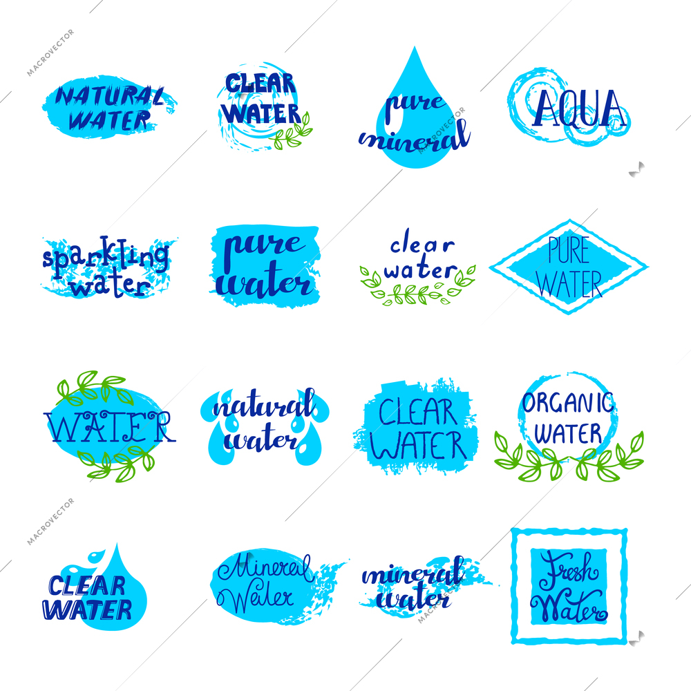 Water retro labels set of blue auqa elements and signs on white background isolated vector illustration