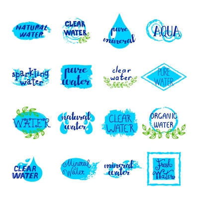 Water retro labels set of blue auqa elements and signs on white background isolated vector illustration