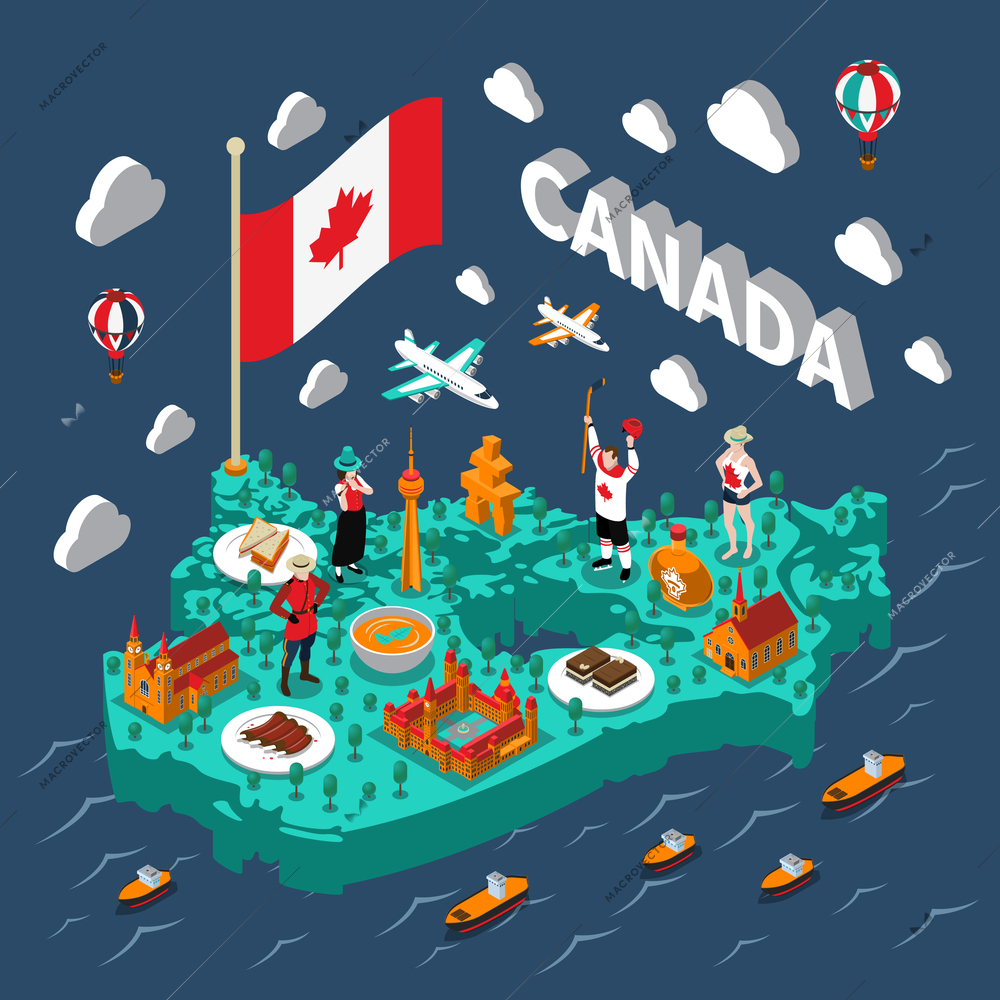 Canada isometric map with touristic sights and transport on blue background vector illustration