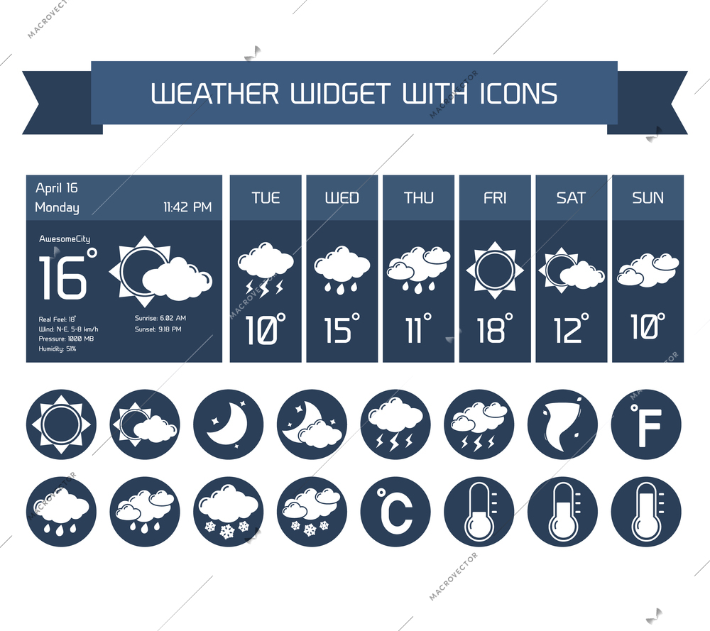 Weather detailed forecast computer and mobile business widgets with vertical dark icons collection on white isolated vector illustration