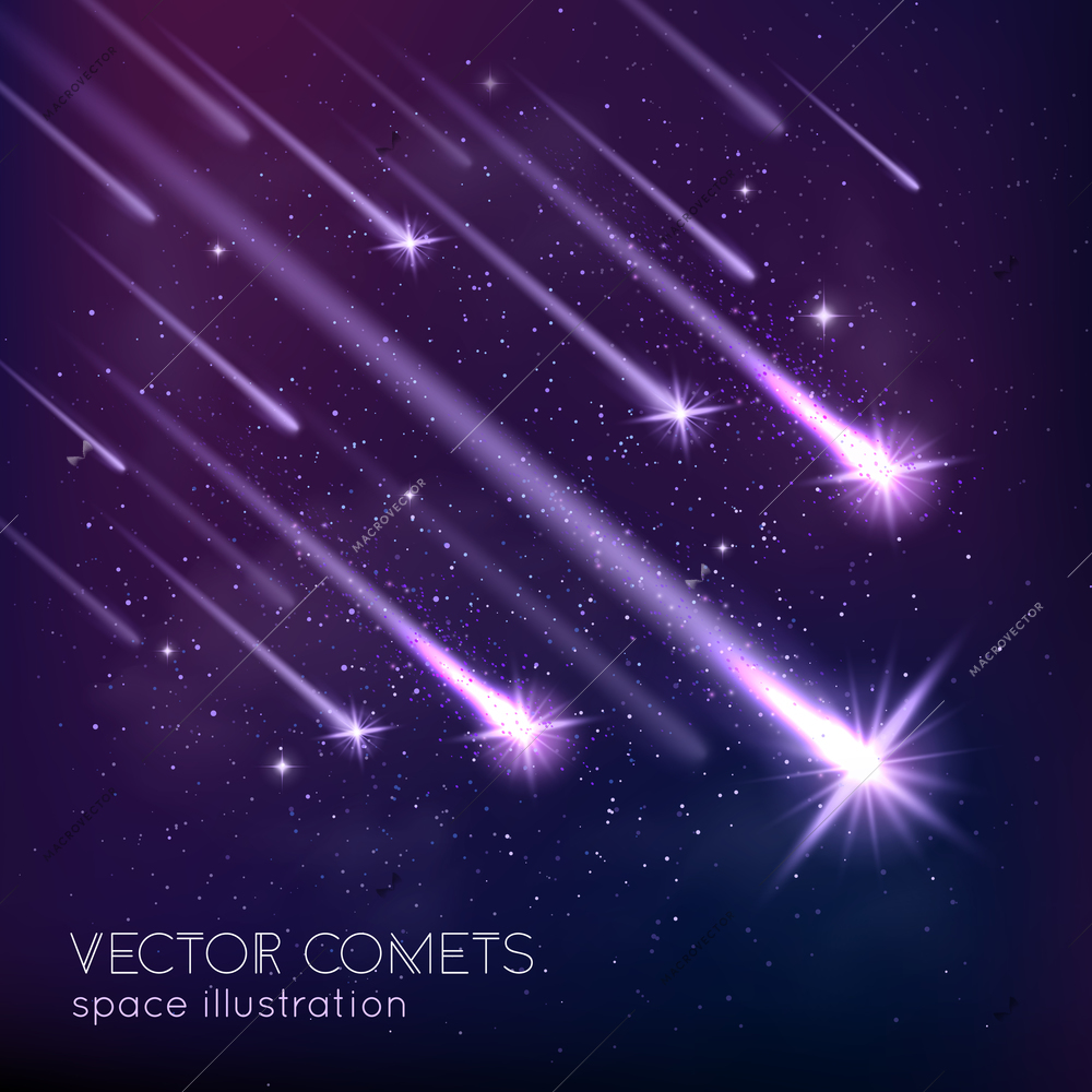 Meteor shower background with falling glowing comets asteroids and stars in space vector illustration