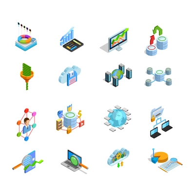 Modern data analysis electronic technologies isometric icons collection with search access storage and protection symbols isolated vector illustration