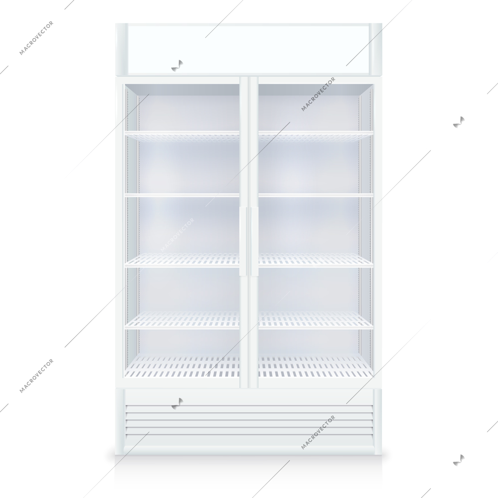 Realistic empty freezer with transparent door and shelves in white colors isolated vector illustration