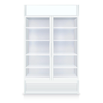 Realistic empty freezer with transparent door and shelves in white colors isolated vector illustration