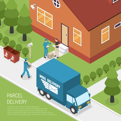 Post office letters and parcels delivery service isometric poster with postman at the door abstract vector illustration