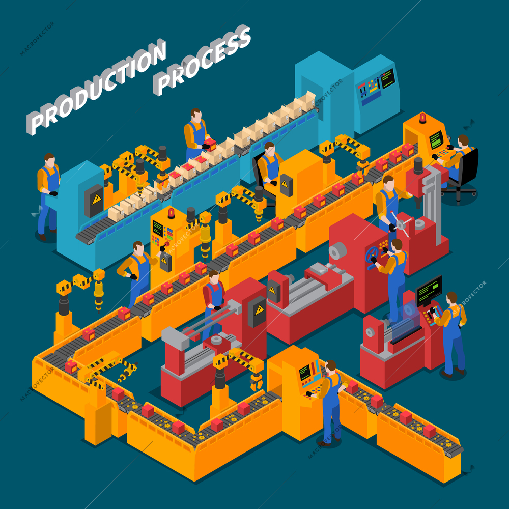 Factory isometric composition with production process symbols on blue background vector illustration