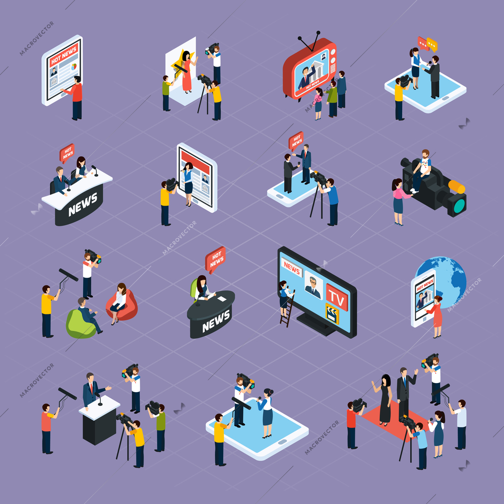 Reporters isometric icons set with media symbols isolated vector illustration